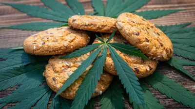 Cookies with cannabis and buds of marijuana on the table. A can of cannabis buds CBD Concept of cooking with cannabis herb. - Medical Legal Marijuana / Foto: Diy13