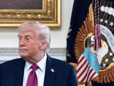 President Donald Trump departs after speaking at an event for NCAA national champions in the State Dining Room of the White House, Tuesday, April 21, 2026, in Washington. (AP Photo/Alex Brandon)