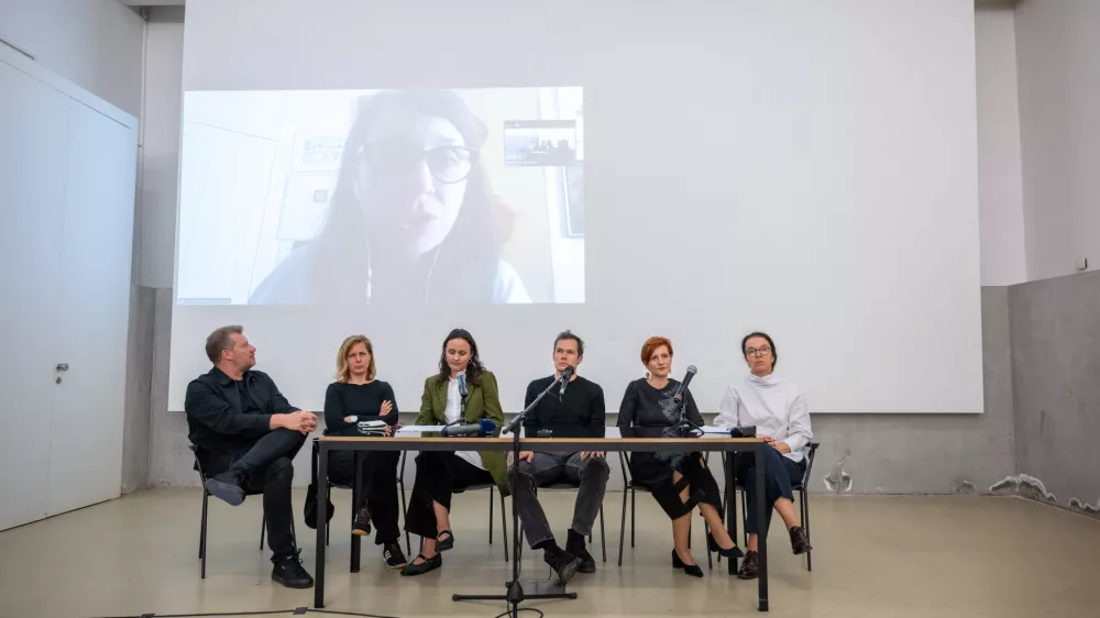 Ljubljana, avditorij Moderne galerije.Novinarska konferenca pred odprtjem paviljona Slovenije na 61. umetnostni razstavi La Biennale di Venezia.