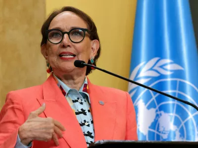 FILE PHOTO: Rebeca Grynspan, former Vice President of Costa Rica, speaks during a news conference where the government announced her nomination for United Nations secretary-general, in San Jose, Costa Rica, October 8, 2025. REUTERS/Mayela Lopez/File Photo