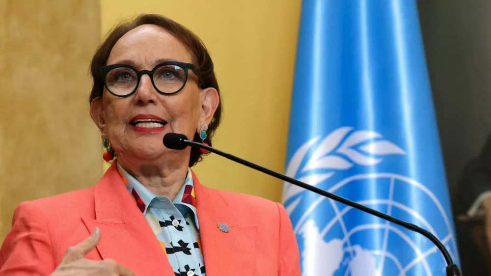 FILE PHOTO: Rebeca Grynspan, former Vice President of Costa Rica, speaks during a news conference where the government announced her nomination for United Nations secretary-general, in San Jose, Costa Rica, October 8, 2025. REUTERS/Mayela Lopez/File Photo