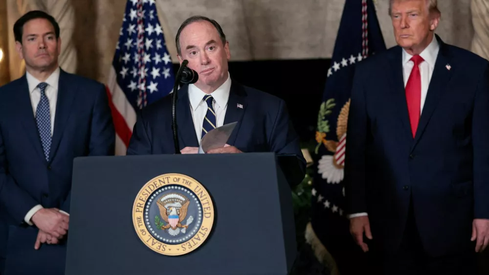 FILE PHOTO: U.S. Secretary of the Navy John Phelan speaks, after President Donald Trump announced the Navy's "Golden Fleet", at Mar-a-lago in Palm Beach, Florida, U.S., December 22, 2025. REUTERS/Jessica Koscielniak/File Photo