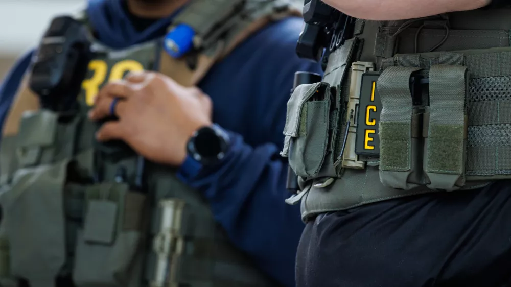 Immigration and Customs Enforcement (ICE) agents stand at the entrance to a TSA security checkpoint at BWI airport on March 30, 2026 in Baltimore, Maryland. Travelers saw shorter lines at airports on Monday morning as TSA agents finally received a paycheck after an executive order signed by President Trump. (Photo by Samuel Corum/Sipa USA)