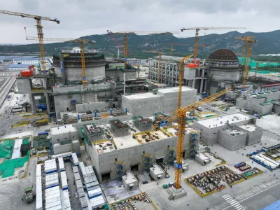 NANJING, June 19, 2024 -- A drone photo shows a construction site of the Tianwan Nuclear Power Station Unit 7 and Unit 8 in Lianyungang, east China's Jiangsu Province, June 19, 2024. Unit 7, as well as Unit 8, has a capacity of 1.265 million kilowatts. And once completed, the two units are estimated to generate about 18.8 billion kilowatt-hours of electricity every year. Started on May 19, 2021, the construction of these two units has gone smoothly.,Image: 882984827, License: Rights-managed, Restrictions:, Model Release: no