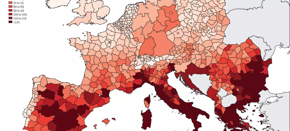 Spremembe v umrljivosti zaradi vročine, izražena kot povečanje &scaron;tevila letnih smrti na milijon prebivalcev v Evropi, pri čemer so primerjali obdobji 1991&ndash;2000 in 2015&ndash;2024. / Foto: Lancet Countdown Europe Report 2026