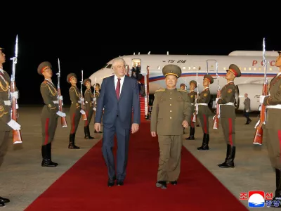 Russian Interior Minister Vladimir Kolokoltsev is welcomed as he arrives as part of a delegation, in Pyongyang, North Korea in this photo released on April 21, 2026 by North Korea's Korean Central News Agency (KCNA).  KCNA via REUTERS  ATTENTION EDITORS - THIS IMAGE WAS PROVIDED BY A THIRD PARTY. REUTERS IS UNABLE TO INDEPENDENTLY VERIFY THIS IMAGE. NO THIRD PARTY SALES. SOUTH KOREA OUT. NO COMMERCIAL OR EDITORIAL SALES IN SOUTH KOREA.