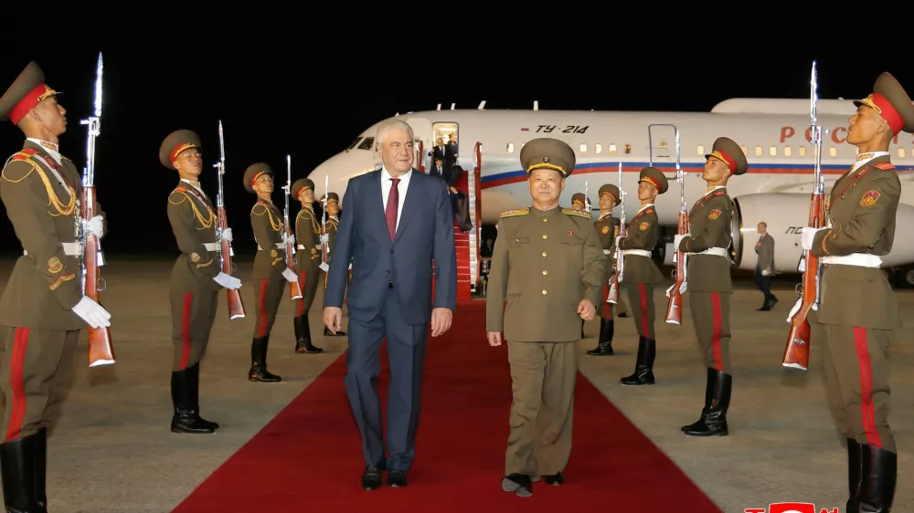 Russian Interior Minister Vladimir Kolokoltsev is welcomed as he arrives as part of a delegation, in Pyongyang, North Korea in this photo released on April 21, 2026 by North Korea's Korean Central News Agency (KCNA).  KCNA via REUTERS  ATTENTION EDITORS - THIS IMAGE WAS PROVIDED BY A THIRD PARTY. REUTERS IS UNABLE TO INDEPENDENTLY VERIFY THIS IMAGE. NO THIRD PARTY SALES. SOUTH KOREA OUT. NO COMMERCIAL OR EDITORIAL SALES IN SOUTH KOREA.
