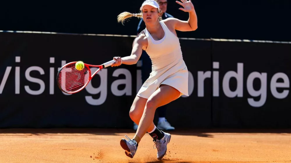 Veronika Erjavec (SLO) in action in her Women's Singles match against Kaitlin Quevedo (ESP) during Day 2 at the 2026 Billie Jean King Cup by Gainbridge Qualifier between Slovenia and Spain at TC Portoroz, on April 11, 2026 in Portoroz / Portorose, Slovenia. Photo by Vid Ponikvar