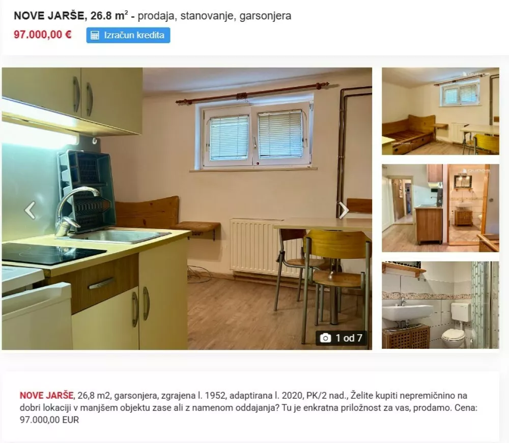 Za polkletno garsonjero je treba od&scaron;teti 97 tisoč evrov. Foto: zajem zaslona nepremičnine.net