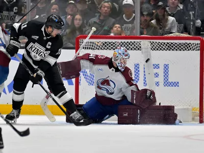 Apr 23, 2026; Los Angeles, California, USA; Los Angeles Kings center Anze Kopitar (11) looks on as the puck gets past Colorado Avalanche goaltender Scott Wedgewood (41) for a goal by Los Angeles Kings right wing Adrian Kempe (9) during the third period of game three of the first round of the 2026 Stanley Cup Playoffs at Crypto.com Arena. Mandatory Credit: Jayne Kamin-Oncea-Imagn Images