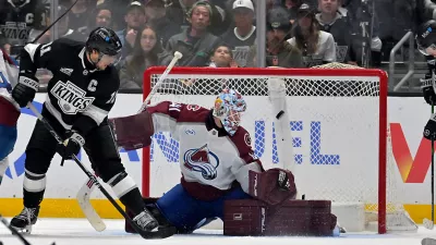 Apr 23, 2026; Los Angeles, California, USA; Los Angeles Kings center Anze Kopitar (11) looks on as the puck gets past Colorado Avalanche goaltender Scott Wedgewood (41) for a goal by Los Angeles Kings right wing Adrian Kempe (9) during the third period of game three of the first round of the 2026 Stanley Cup Playoffs at Crypto.com Arena. Mandatory Credit: Jayne Kamin-Oncea-Imagn Images