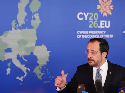 Cypriot President Nikos Christodoulides speaks with the media as he arrives for the EU Summit in Nicosia, Cyprus, Friday, April 24, 2026. (AP Photo/Petros Karadjias)