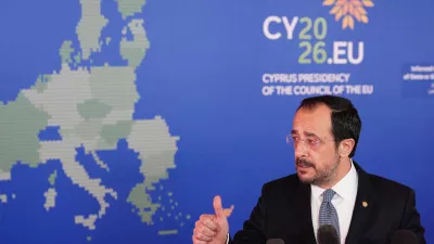 Cypriot President Nikos Christodoulides speaks with the media as he arrives for the EU Summit in Nicosia, Cyprus, Friday, April 24, 2026. (AP Photo/Petros Karadjias)