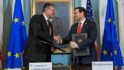 Secretary of State Marco Rubio, right, is joined by EU Commissioner for Trade and Economic Security Maros Sefcovic, left, for a Memorandum of Understanding signing ceremony at the State Department, Friday, April 24, 2026, in Washington. (AP Photo/Rod Lamkey, Jr.)
