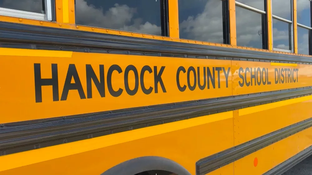 A Hancock County School District bus in Hancock County, Miss., on Thursday, April 23, 2026. (WLOX via AP)