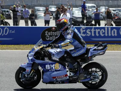 MotoGP - Spanish Grand Prix - Circuito de Jerez, Jerez, Spain - April 26, 2026 BK8 Gresini Racing MotoGP's Alex Marquez celebrates winning the MotoGP race REUTERS/Jon Nazca