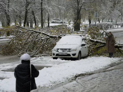 A woman looks at a car pinned under a tree after a snowfall in Moscow, Russia, Monday, April 27, 2026. (AP Photo/Alexander Zemlianichenko)