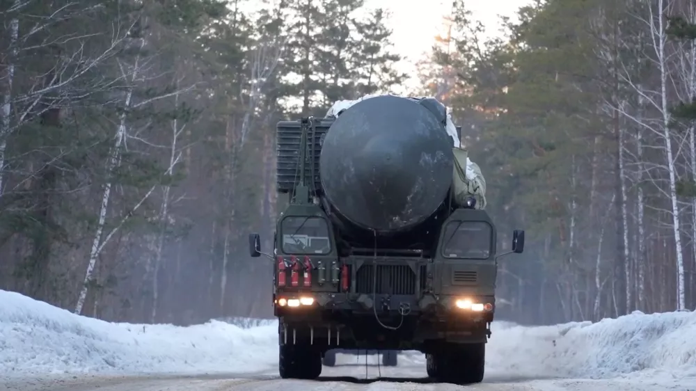 Russia's Yars intercontinental ballistic missile system unit drives during drills by the country's strategic missile forces in an unknown location in Siberia, in Russia, in this image taken from handout footage released April 2, 2026. Russian Defence Ministry/Handout via REUTERS ATTENTION EDITORS - THIS IMAGE WAS PROVIDED BY A THIRD PARTY. NO RESALES. NO ARCHIVES. MANDATORY CREDIT.