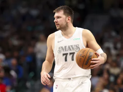 Nov 16, 2024; Dallas, Texas, USA; Dallas Mavericks guard Luka Doncic (77) controls the ball during the second half against the San Antonio Spurs at American Airlines Center. Mandatory Credit: Kevin Jairaj-Imagn Images
