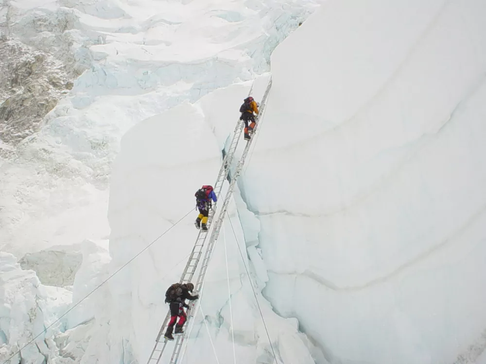  April 18, 2014 - Kathmandu, Nepal - An avalanche swept down a climbing route on Mount Everest early Friday, killing at least 12 Nepalese guides and leaving three missing in the single deadliest disaster on the highest peak in the world. PICTURED: FILE: Sept. 24, 2004 - Solukhambu, Nepal - Khambu Icefall area is one of the more dangerous areas of the Everest Expedition. After leaving Base Camp to Camp one climbers have to cross Ice falls, some with the help of rope and ladder. (Credit Image: ? Nawang Sherpa/Bogati/ZUMAPRESS.com)