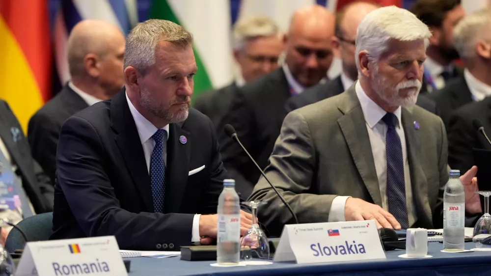 President of the Czech Republic Petr Pavel, right, and President of Slovakia Peter Pellegrini attend the plenary session at the Three Seas Summit in Dubrovnik, Croatia, Tuesday, April 28, 2026. (AP Photo/Darko Bandic)