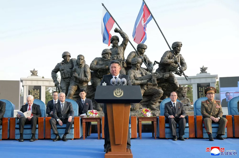 North Korean leader Kim Jong Un speaks during the opening ceremony of the Memorial Museum of Combat Feats at the Overseas Military Operations honouring North Korean troops killed while fighting for Russia in the war against Ukraine, in Pyongyang, North Korea, April 26, 2026, in this picture released by North Korea's official Korean Central News Agency. KCNA via REUTERS  ATTENTION EDITORS - THIS IMAGE WAS PROVIDED BY A THIRD PARTY. REUTERS IS UNABLE TO INDEPENDENTLY VERIFY THIS IMAGE. NO THIRD PARTY SALES. SOUTH KOREA OUT. NO COMMERCIAL OR EDITORIAL SALES IN SOUTH KOREA.