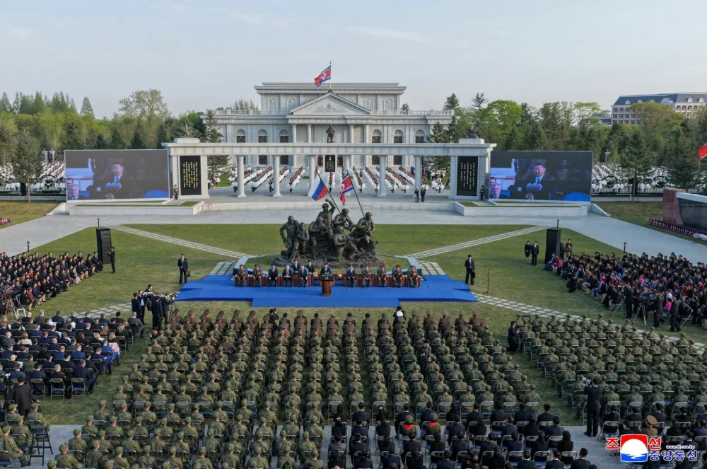 North Korean leader Kim Jong Un speaks during the opening ceremony of the Memorial Museum of Combat Feats at the Overseas Military Operations honouring North Korean troops killed while fighting for Russia in the war against Ukraine, in Pyongyang, North Korea, April 26, 2026, in this picture released by North Korea's official Korean Central News Agency. KCNA via REUTERS  ATTENTION EDITORS - THIS IMAGE WAS PROVIDED BY A THIRD PARTY. REUTERS IS UNABLE TO INDEPENDENTLY VERIFY THIS IMAGE. NO THIRD PARTY SALES. SOUTH KOREA OUT. NO COMMERCIAL OR EDITORIAL SALES IN SOUTH KOREA.