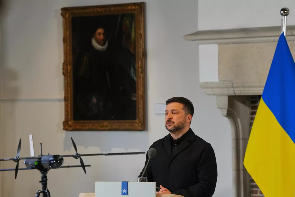 Ukraine's President Volodymyr Zelenskyy speaks next to a drone after he received the International Four Freedoms Award, in Middelburg, Netherlands, Thursday, April 16, 2026. (AP Photo/Peter Dejong)AP