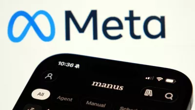 The Manus AI agent app is displayed on a mobile phone near the logo of U.S. tech giant Meta, in this illustration picture taken April 28, 2026. REUTERS/Florence Lo/Illustration