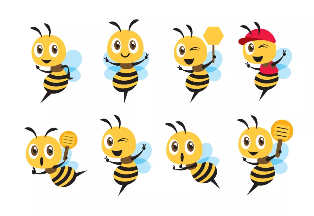 Flat design cartoon cute bee mascot set with different poses. Cartoon cute bee showing victory sign, holding a honey dipper and wearing cap. Flat vector illustration / Foto: Charactoon