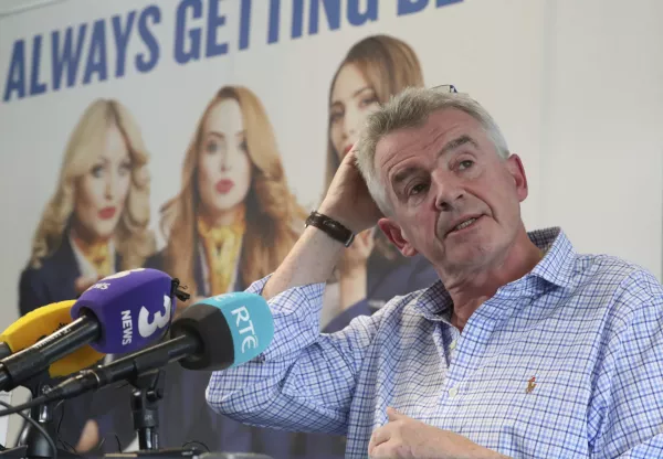 Ryanair boss Michael O'Leary reacts during a media conference in Dublin, Ireland, to give explain reasons for disruption to their flight schedules, Monday Sept. 18, 2017. Irish budget airline Ryanair is believed to be cancelling up to 50 flights every day over the next six weeks because it "messed up" its pilots' holiday schedules. (Niall Carson/PA via AP)