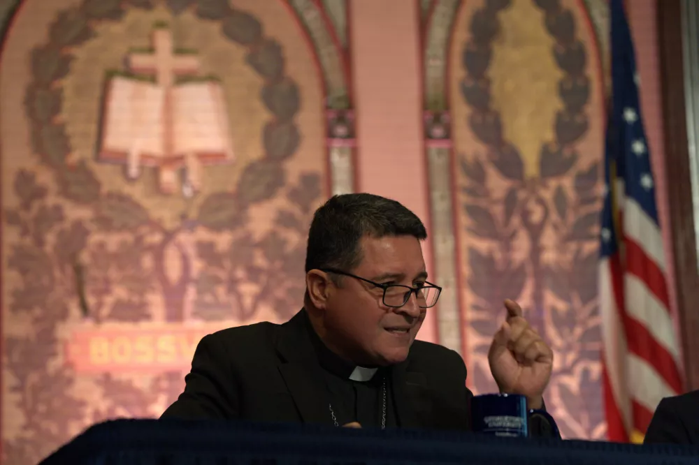 Auxiliary Bishop Evelio Menjivar-Ayala speaks on a panel about immigration at Georgetown University in Washington, Thursday, Sept. 11, 2025. (AP Photo/Luis Andres Henao)