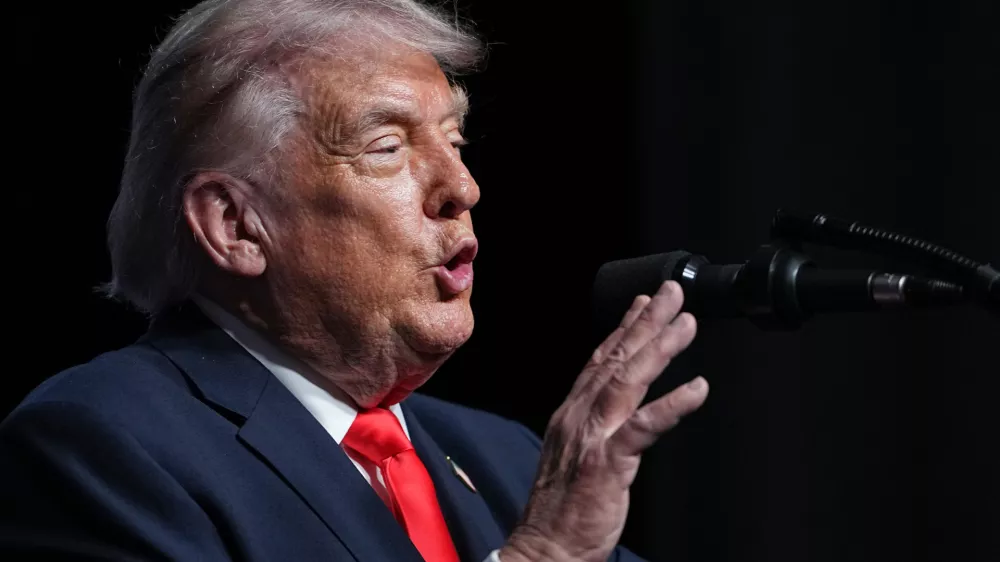 President Donald Trump speaks at the Raymond F. Kravis Center for the Performing Arts in West Palm Beach Fla., Friday, May 1, 2026. (AP Photo/Matt Rourke)