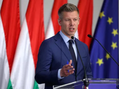 FILE PHOTO: Election winner Peter Magyar speaks during a press conference in Budapest, Hungary, April 20, 2026. REUTERS/Bernadett Szabo/File Photo