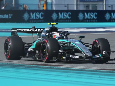 Mercedes driver Kimi Antonelli of Italy steers his car during a qualifying session for the Miami Formula One Grand Prix auto race, Saturday, May 2, 2026, in Miami Gardens, Fla. (AP Photo/Marta Lavandier)
