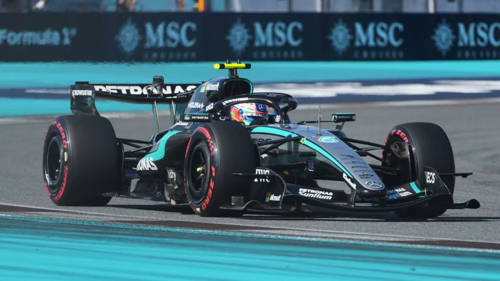 Mercedes driver Kimi Antonelli of Italy steers his car during a qualifying session for the Miami Formula One Grand Prix auto race, Saturday, May 2, 2026, in Miami Gardens, Fla. (AP Photo/Marta Lavandier)