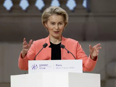 European Commission President Ursula von der Leyen delivers a speech during the plenary session of the Artificial Intelligence (AI) Action Summit at the Grand Palais in Paris, France, February 11, 2025. REUTERS/Benoit Tessier