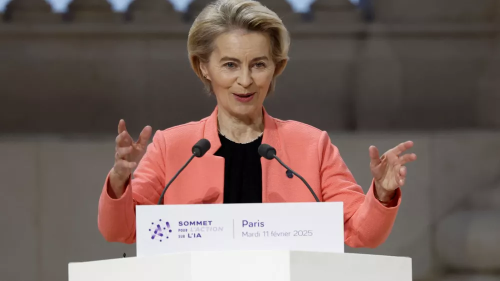 European Commission President Ursula von der Leyen delivers a speech during the plenary session of the Artificial Intelligence (AI) Action Summit at the Grand Palais in Paris, France, February 11, 2025. REUTERS/Benoit Tessier