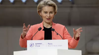 European Commission President Ursula von der Leyen delivers a speech during the plenary session of the Artificial Intelligence (AI) Action Summit at the Grand Palais in Paris, France, February 11, 2025. REUTERS/Benoit Tessier