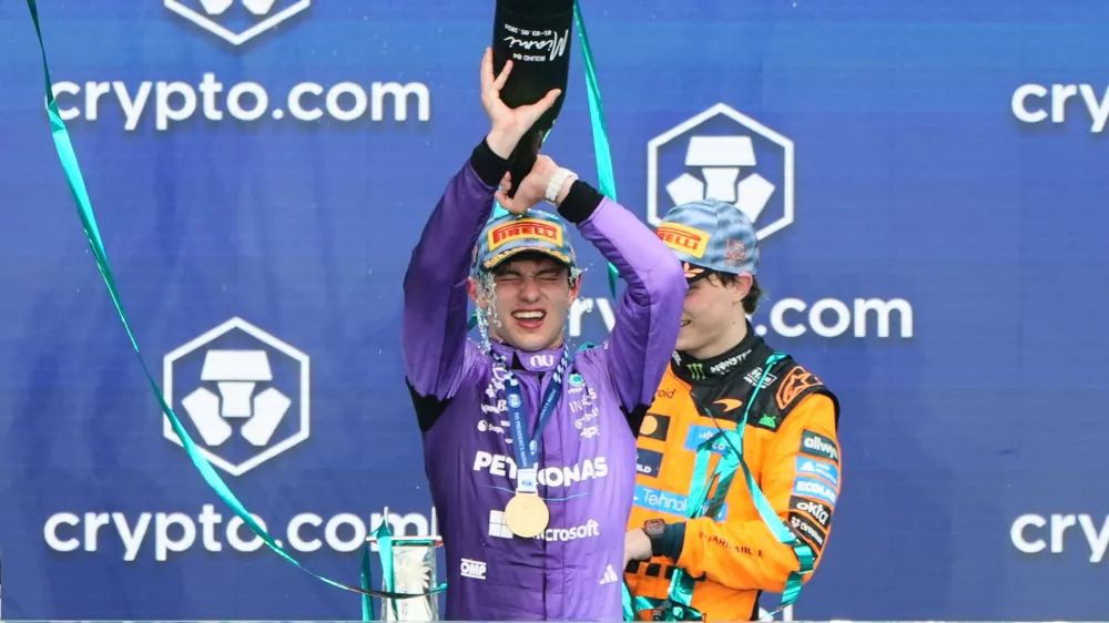 Mercedes driver Kimi Antonelli of Italy celebrates after winning the Miami Formula One Grand Prix auto race, Sunday, May 3, 2026, in Miami Gardens, Fla. (AP Photo/Lynne Sladky)