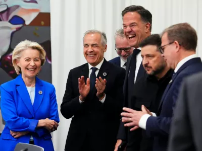 President of the European Commission Ursula von der Leyen, left to right, Canada Prime Minister Mark Carney, Secretary General of NATO Mark Rutte, President of Ukraine Volodymyr Zelenskyy and Prime Minister of Finland Petteri Orpo wait for the start of a meeting on the situation in Ukraine during the 8th European Political Community Summit in Yerevan, Armenia on Monday, May 4, 2026. (Sean Kilpatrick/The Canadian Press via AP)