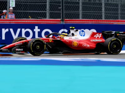 May 3, 2026; Miami Gardens, FL, USA; Ferrari driver Lewis Hamilton (44) during the Crypto.com Miami Grand Prix at Miami International Autodrome. Mandatory Credit: Nathan Ray Seebeck-Imagn Images