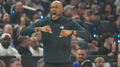 Orlando Magic head coach Jamahl Mosley directs his team against the Detroit Pistons during the first half in Game 6 of a first-round NBA basketball playoffs series, Friday, May 1, 2026, in Orlando, Fla. (AP Photo/John Raoux)