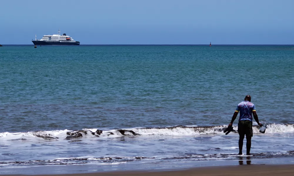The MV Hondius cruise ship is anchored at a port in Praia, Cape Verde, Monday, May 4, 2026. (AP Photo/Arilson Almeida)