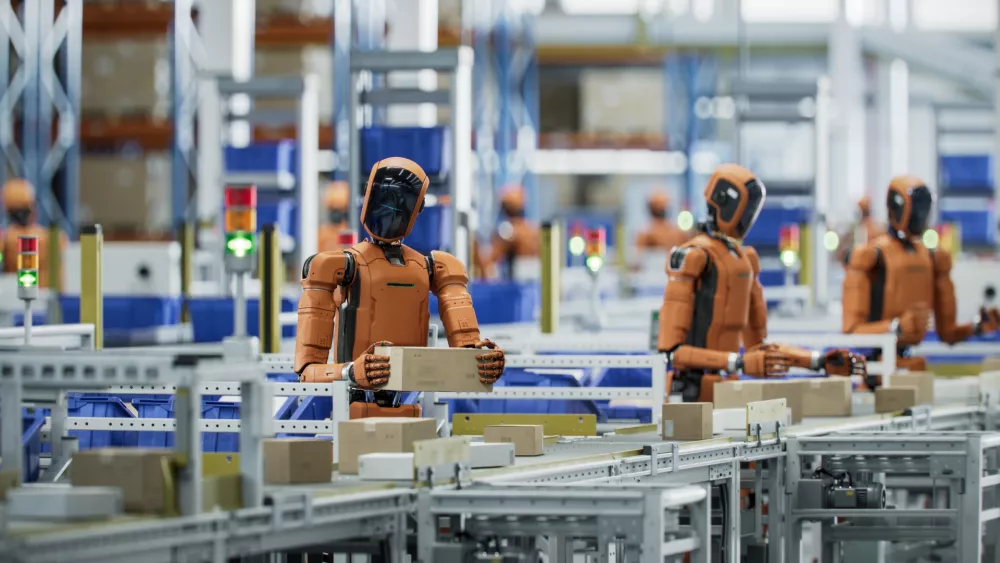 3D Render: Autonomous AI-Enabled Humanoid Robots Work at Fulfillment Center. They are Move Boxes and Sort Packages. Automated Warehouse or Logistics Center with General Purpose Humanoid Robots