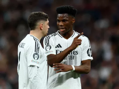FILE PHOTO: Soccer Football - Champions League - Knockout Phase Playoff - Second Leg - Real Madrid v Manchester City - Santiago Bernabeu, Madrid, Spain - February 19, 2025 Real Madrid's Federico Valverde and Aurelien Tchouameni Action Images via Reuters/Matthew Childs/File Photo