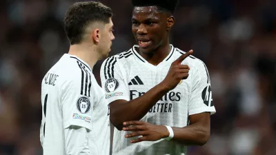 FILE PHOTO: Soccer Football - Champions League - Knockout Phase Playoff - Second Leg - Real Madrid v Manchester City - Santiago Bernabeu, Madrid, Spain - February 19, 2025 Real Madrid's Federico Valverde and Aurelien Tchouameni Action Images via Reuters/Matthew Childs/File Photo