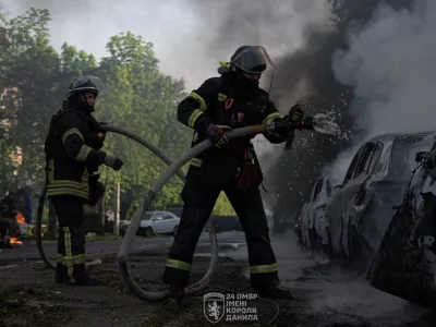 Firefighters work at a site of a Russian air strike, amid Russia's attack on Ukraine, in the frontline city of Kramatorsk in Donetsk region, Ukraine May 5, 2026. Press Service of the 24th King Danylo Separate Mechanized Brigade of the Ukrainian Armed Forces/Handout via REUTERS ATTENTION EDITORS - THIS IMAGE HAS BEEN SUPPLIED BY A THIRD PARTY. OVERLAYS FROM SOURCE