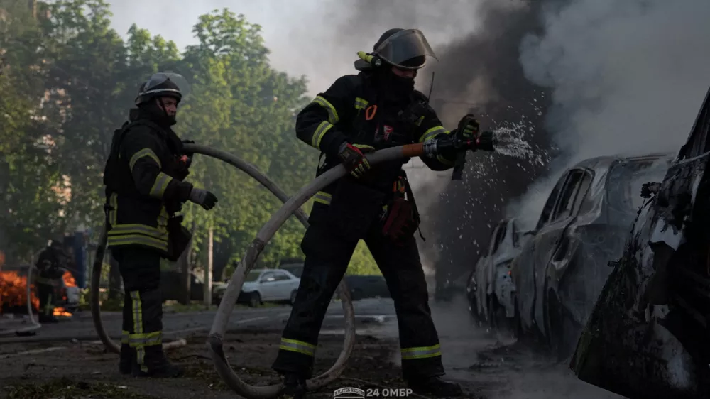 Firefighters work at a site of a Russian air strike, amid Russia's attack on Ukraine, in the frontline city of Kramatorsk in Donetsk region, Ukraine May 5, 2026. Press Service of the 24th King Danylo Separate Mechanized Brigade of the Ukrainian Armed Forces/Handout via REUTERS ATTENTION EDITORS - THIS IMAGE HAS BEEN SUPPLIED BY A THIRD PARTY. OVERLAYS FROM SOURCE