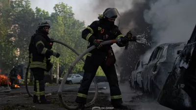 Firefighters work at a site of a Russian air strike, amid Russia's attack on Ukraine, in the frontline city of Kramatorsk in Donetsk region, Ukraine May 5, 2026. Press Service of the 24th King Danylo Separate Mechanized Brigade of the Ukrainian Armed Forces/Handout via REUTERS ATTENTION EDITORS - THIS IMAGE HAS BEEN SUPPLIED BY A THIRD PARTY. OVERLAYS FROM SOURCE